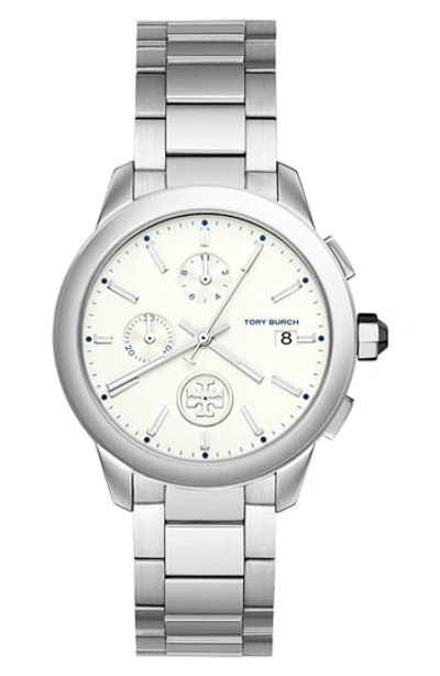 Tory Burch Collins Stainless Steel Chronograph Bracelet Watch In Silver/ Ivory/ Silver