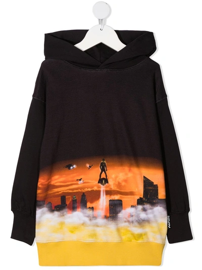 Molo Kids' Above The City Print Oversized Hoodie In Black