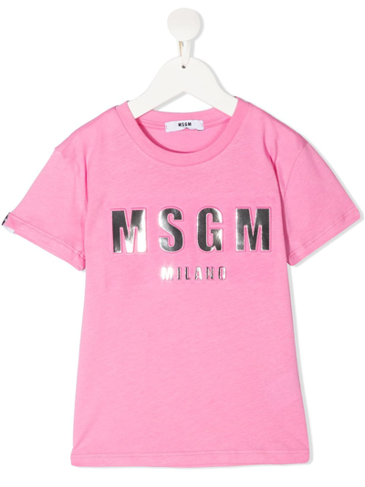 Msgm Kids' Metallic Logo-print Cotton T-shirt In Rosa
