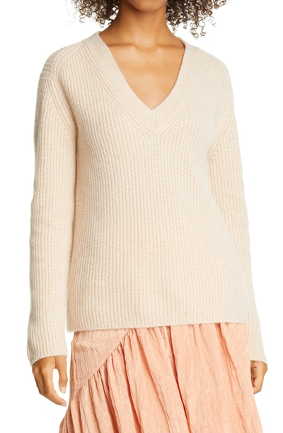 Vince V-neck Shaker Knit Cashmere Sweater In Heather Sesame