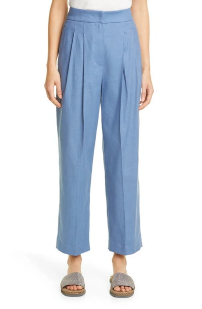 Brunello Cucinelli Pleated Crop Stretch Linen & Cotton Pants In Ocean Blue