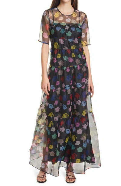 Staud Hyacinth Crepe Organza Tiered Maxi Dress In Rainbow Bloom Black