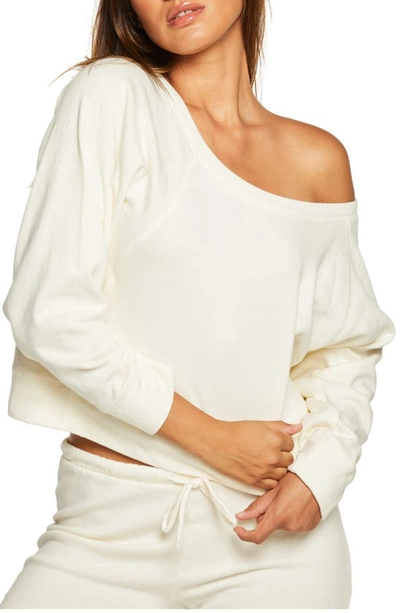 Chaser Batwing Sleeve One-shoulder Cotton Fleece Crop Sweatshirt In Cream