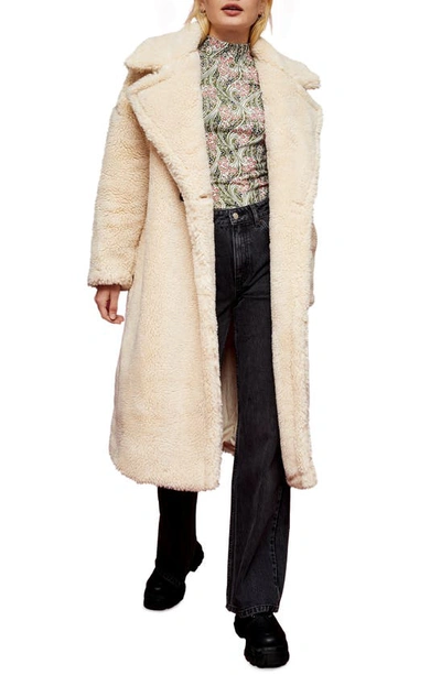 Topshop Whinnie Long Borg Faux Fur Coat In Cream
