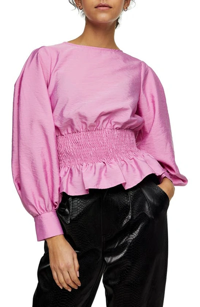 Topshop Shirred Waist Blouse In Pink