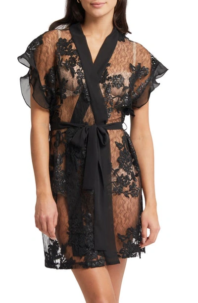 Rya Collection Charming Sequined Lace Cover Up Robe In Black