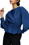 Topshop Shirred Waist Blouse In Navy Blue