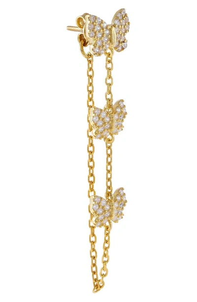 Adinas Jewels Pave Triple Butterfly Chain Drape Stud Earring In Gold