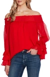 Cece Off The Shoulder Ruffle Cuff Blouse In Cherry Rose