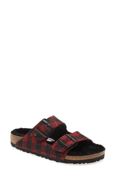 Birkenstock Arizona Genuine Shearling Slide Sandal In Plaid Red Wool