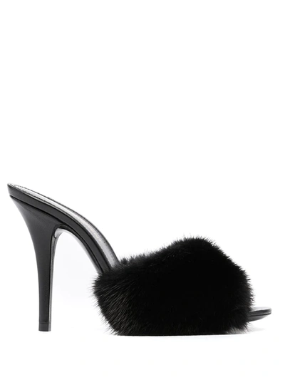 Saint Laurent Mink Stiletto Slide Sandals In Black