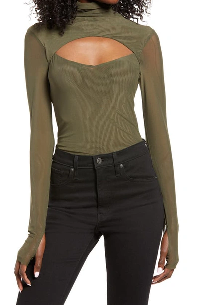Afrm Dawn Cutout Turtleneck Knit Top In Olive