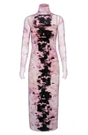 Afrm Shailene Sheer Long Sleeve Dress In Placement Mauve Tie Dye