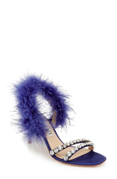 Badgley Mischka Harley Feather Embellished Sandal In Violet Blue Satin