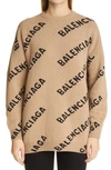 Balenciaga Oversize Logo Jacquard Wool Blend Sweater In Beige/ Black