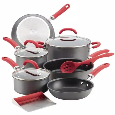 Rachael Ray Create Delicious Hard-anodized Aluminum 11-pc. Nonstick Cookware Set In Gray With Red Handles