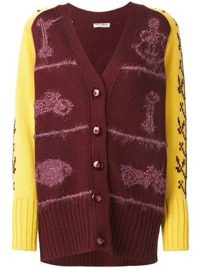 Miu Miu Embroidered Oversize Wool Cardigan In Bordeaux