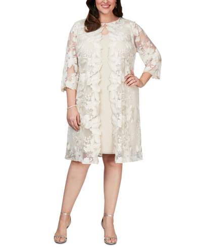 Alex Evenings Plus Size Layered-look Embroidered Jacket Dress In Tan/beige