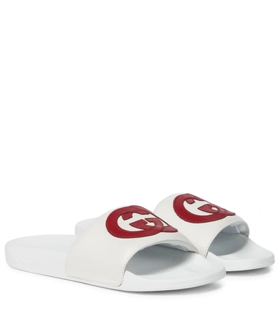 Gucci Interlocking G Leather Slide Sandal In White/red Leather