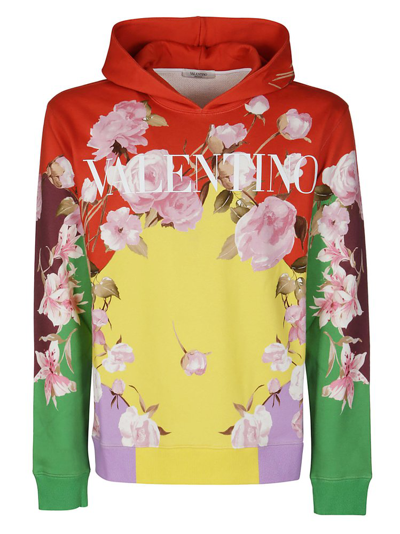 Valentino Floral Logo-print Cotton-blend Hooded Sweatshirt In Multicolour