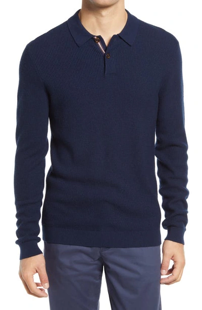 Ted Baker Terned Long Sleeve Knit Polo In Navy