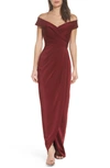 La Femme Surplice Off The Shoulder Column Gown In Burgundy
