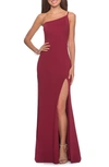 La Femme One-shoulder Jersey Column Gown With Skirt Slit In Burgundy