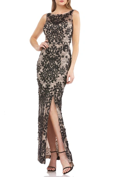 Js Collections Leaf Embroidered Gown In Black Nude