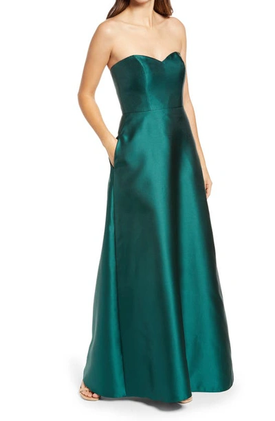 Alfred Sung Strapless Satin A-line Gown In Hunter