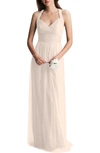 Levkoff Crisscross Strap Tulle A-line Gown In Shell Pink