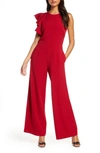 Julia Jordan Hunter Crepe Ruffle Shoulder Jumpsuit In Crimson