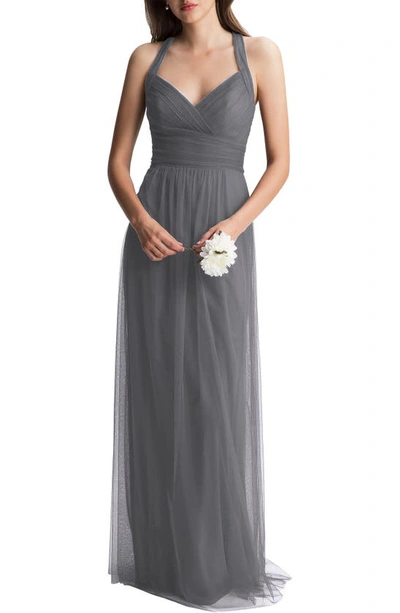Levkoff Crisscross Strap Tulle A-line Gown In Pewter