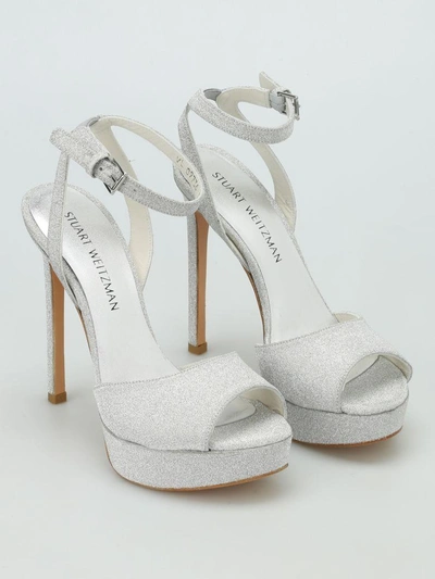 Stuart Weitzman Swagger Glitter Platform Sandals In Silver