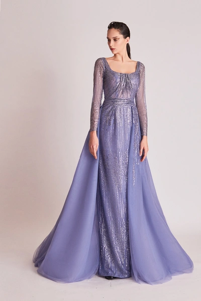 Gatti Nolli By Marwan Long Sleeve Embellished Draped Gown