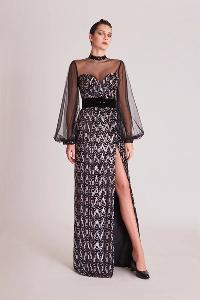 Gatti Nolli By Marwan Long Sleeve Embellished Illusion Slit Gown
