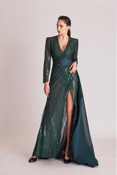 Gatti Nolli By Marwan Long Sleeve Embellished Draped Slit Gown