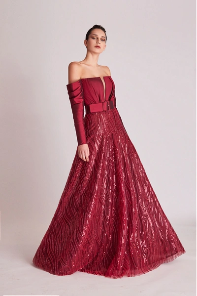 Gatti Nolli By Marwan Long Sleeve Off Shoulder Embellished Gown