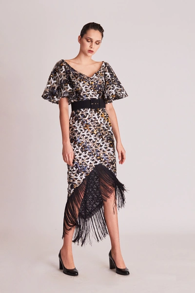 Gatti Nolli By Marwan Wide V-neck Embellished Fringe Dress