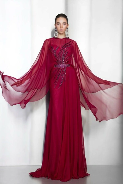 Ziad Nakad Cape Sleeve Embellished Gown