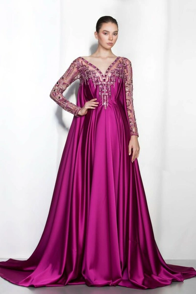 Ziad Nakad Embellished Long Sleeve A-line Gown
