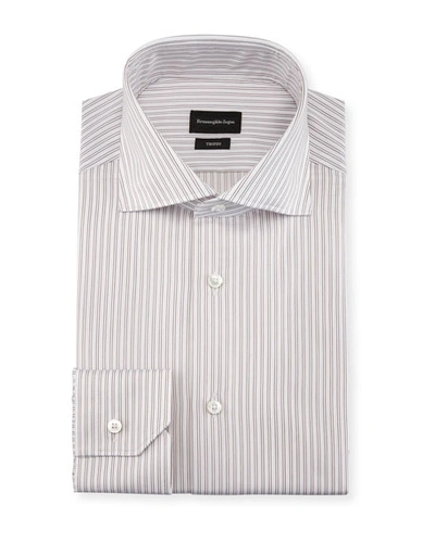 Ermenegildo Zegna Twin-stripe Cotton Dress Shirt, White/burgundy
