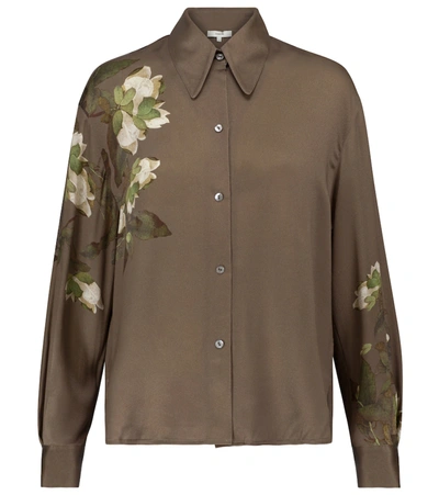 Vince Satin-finished Floral-print Shirt In Brown