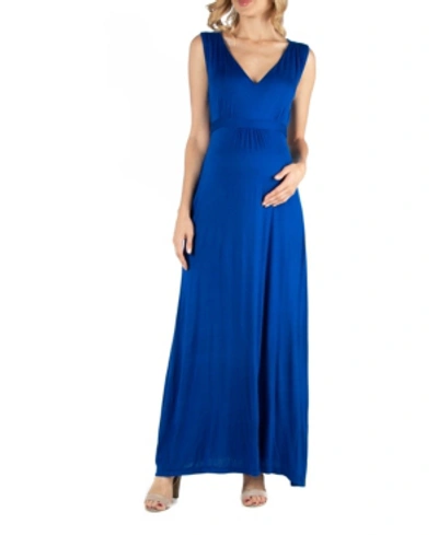 24seven Comfort Apparel V Neck Sleeveless Maternity Maxi Dress With Belt In Blue