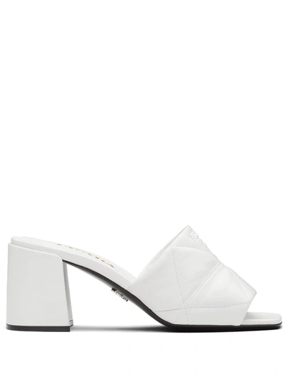 Prada 65mm Logo-detail Quilted Leather Mules In Bianco