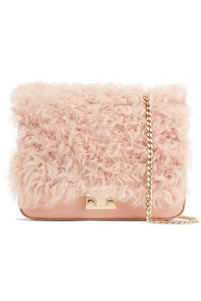 Loeffler Randall Shearling Front Flap Leather Cross-body Bag In Pale Pink/sand/gold