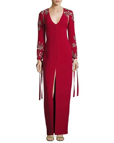 Monique Lhuillier V-neck Embroided-sleeve Gown In Red