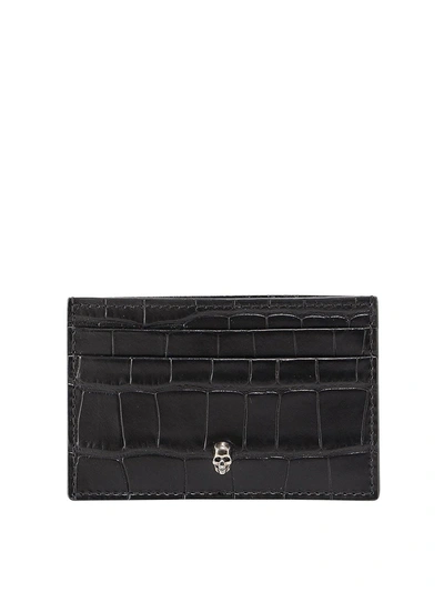 Alexander Mcqueen Croco-print Leather Card Holder In Black