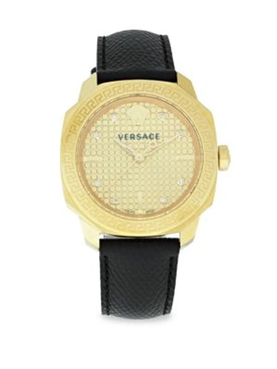 Versace Greek Key Leather Strap Watch In Yellow Gold
