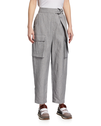 Brunello Cucinelli Belted Cropped Wool And Linen-blend Straight-leg Trousers In Blue