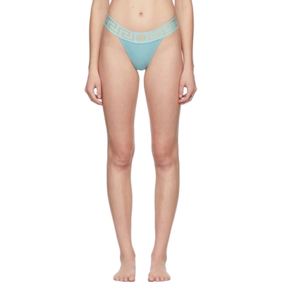 Versace Greca Jacquard-trimmed Stretch-cotton Jersey Thong In Light Blue